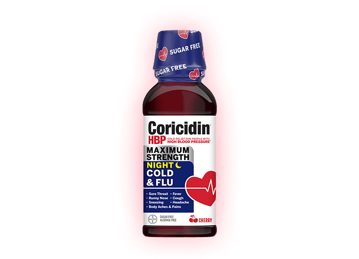 bottle of Coricidin HBP Maximum Strength Night Cold & Flu Liquid
